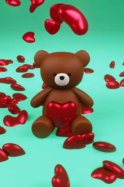 Digital Render Cute Smooth Brown Teddy Bear Figure Heart Romantic — Stock Photo, Image