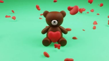 Düşen kalplerin altında kalbi olan sevimli kahverengi oyuncak ayı figürünün dijital 3D görüntüsü.
