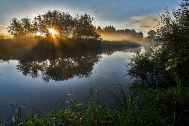 Gün batımında ağaçlarla çevrili tarlalar arasında akan nehrin güzel bir görüntüsü.