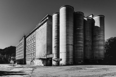 Eski Ellicott City, Maryland 'deki Wilkins-Rogers Mill' in beyaz ve siyah bir görüntüsü.