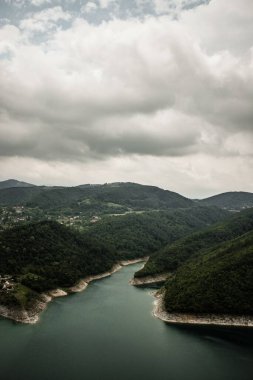 Sırbistan 'ın batısında gri bulutlu gökyüzü altında yeşil bitki örtüsüyle çevrili Rovni Gölü' nün hava manzarası