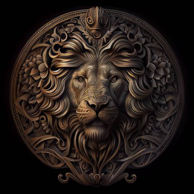 Siyah arkaplana karşı desenli bir rozette bir aslan amblemi.