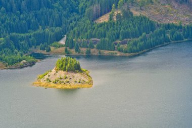 Küçük uçurumlu ve Thüringen Ormanı 'nın ağaçlarıyla çevrili bir gölün insansız hava aracı görüntüsü.