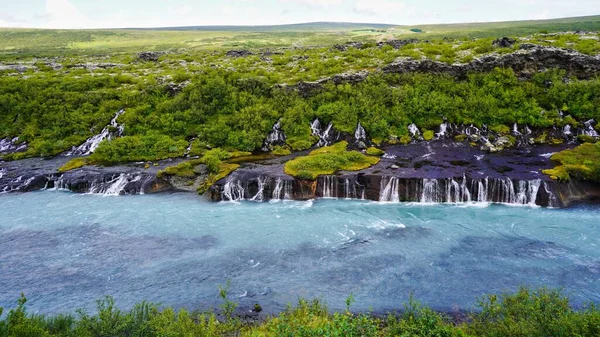 Hermosa Vista Río Rodeado Vegetación Verde Islandia — Foto de Stock