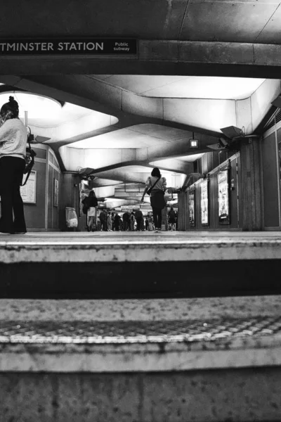Eine Vertikale Graustufenaufnahme Von Menschen Bahnhof — Stockfoto