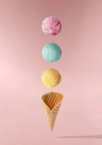 Vertical Ice Cream Cone Colorful Balls Ice Cream Falling Pink — Stock Photo, Image