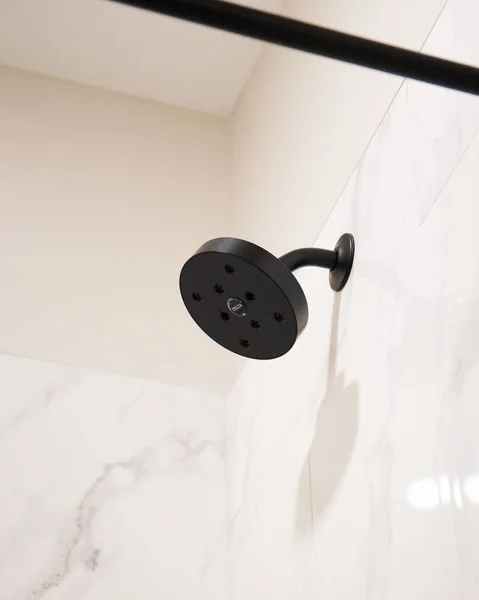 Vertical Closeup Black Showerhead Bathroom Marble Tiles — Stock Photo, Image