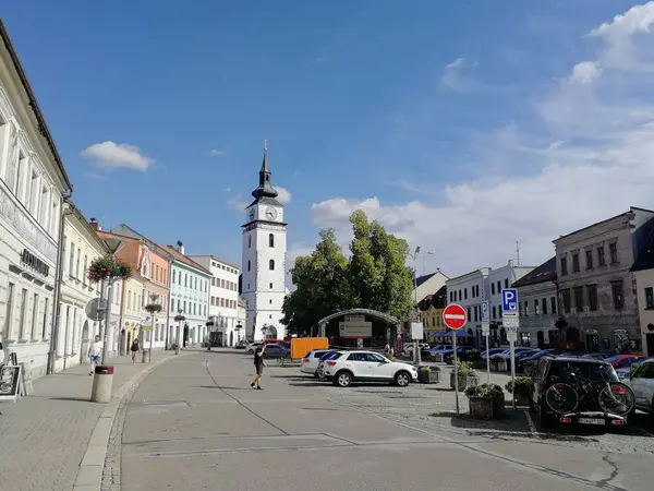 Krásný Záběr Staré Centrum Města Historickými Budovami Velkém Meziříčí Česká — Stock fotografie