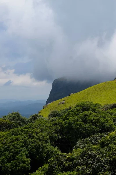 Uma Paisagem Pico Mullayanagiri Tocando Nuvens Karnataka Índia Tiro Vertical — Fotografia de Stock