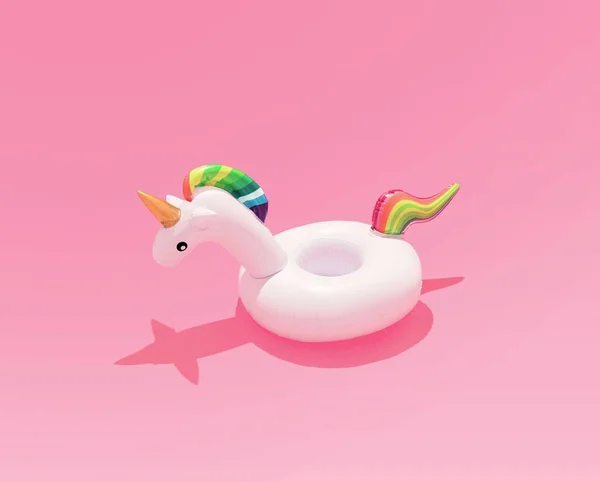 A 3D of an inflatable unicorn pool toy on a pastel pink background - summer concept