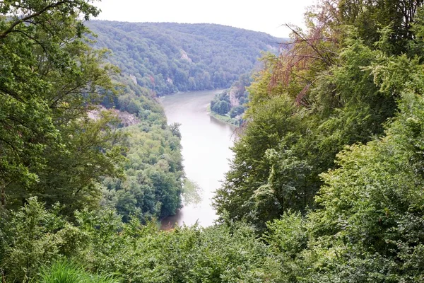 木々に覆われた丘の真ん中の川の美しい自然の景色 — ストック写真