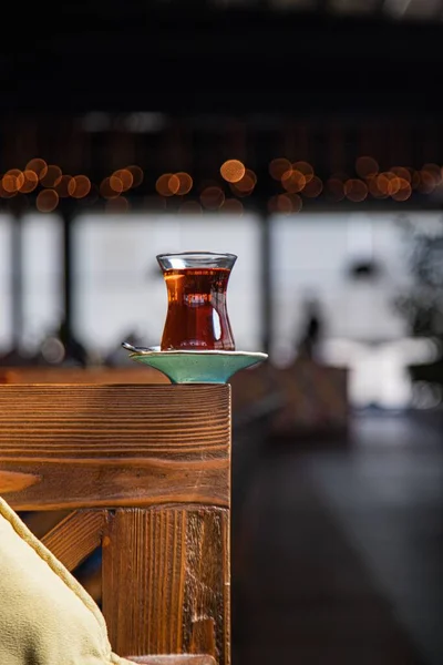 Vertical Shot Turkish Chai Glass Tea Wooden Surface — Stock Photo, Image