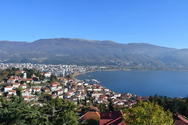 Aerial View Lake Ohrid Rural Houses Water Mountains North Macedonia — Stock Photo, Image