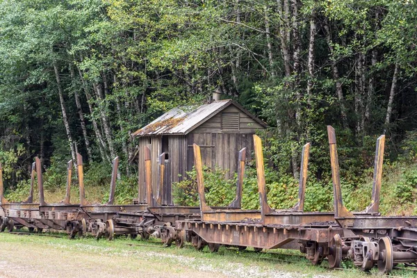 View Old Logging Railway Cars Tracks Woods Old Building — Stock Photo, Image