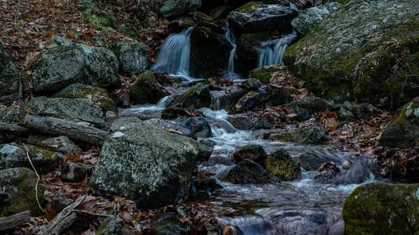 渓流の景色は 長い露出で撮影し 苔むした岩を流れる — ストック写真