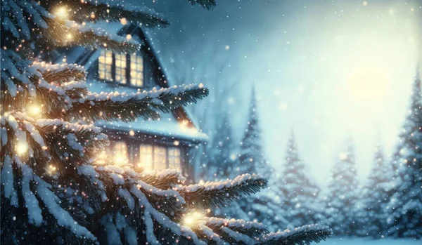 一个数字3D渲染的节日背景与雪树和小木屋 — 图库照片