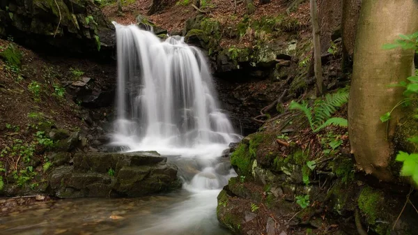Detailní Záběr Vodopádu Který Vytváří Řeku Tekoucí Podzimním Lesem Efekt — Stock fotografie
