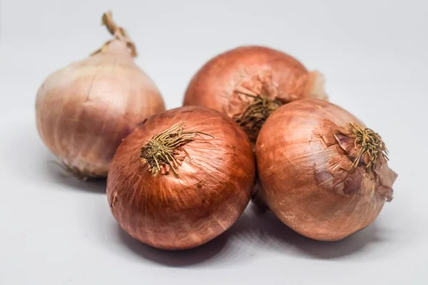 stock image Red onions on a light grey surface in closeup