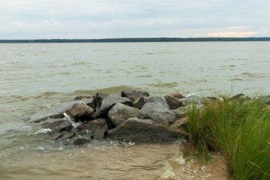 Kayalar, York Nehri kıyısındaki yeşil çimenler ve ufuktaki ufuk çizgisi Gloucester Virginia ABD 'de.