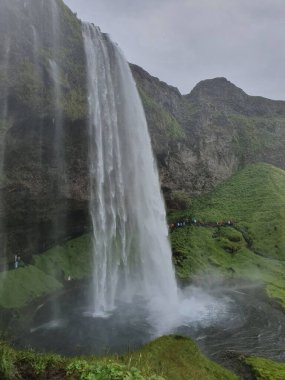 İzlanda 'daki Seljalandsfoss şelalesinin dikey görüntüsü.