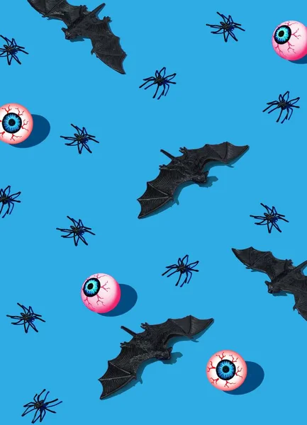 Rendering Halloween Horror Concept Spiders Bats Eyeballs Blue Background — Stock Photo, Image