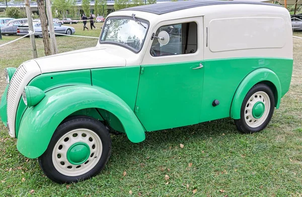 Pohled Strany Zelený Model Morris Van Austin Zaparkovaný Trávě — Stock fotografie