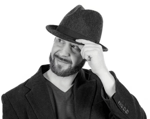 Портрет Красивого Мужчины Бородой Шляпе Шляпе Блейзере Смотрящего Влево — стоковое фото