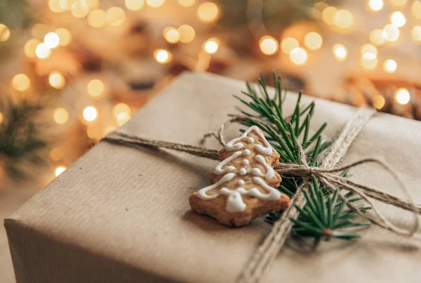 Foto Primo Piano Biscotti Pan Zenzero Forma Cuore Sul Natale — Foto Stock