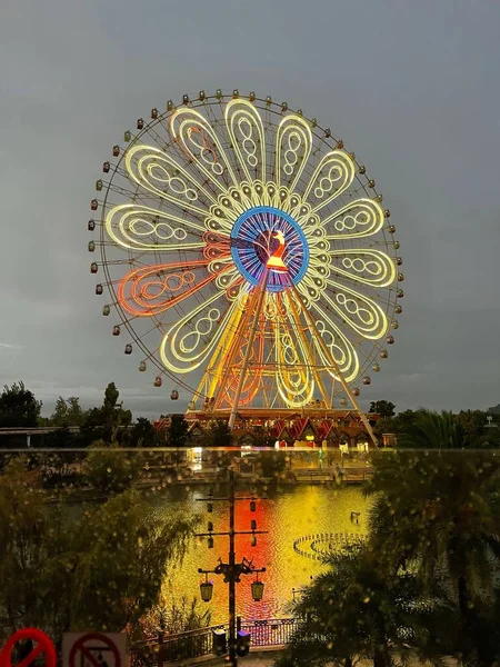 Coup Vertical Roue Paon Ferris Dans Nuit Noire — Photo