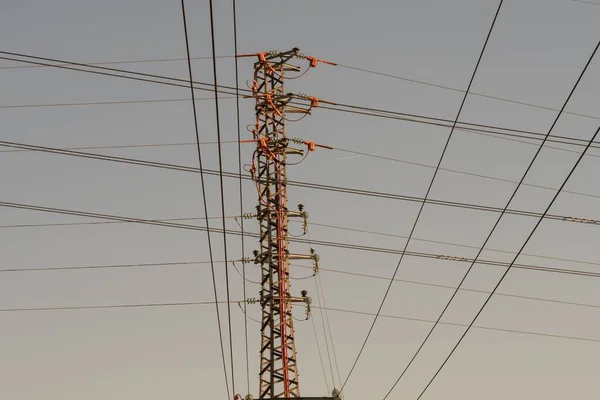 Bir Elektrik Direği Kablolar Gün Batımında Berrak Bir Gökyüzü Arka — Stok fotoğraf