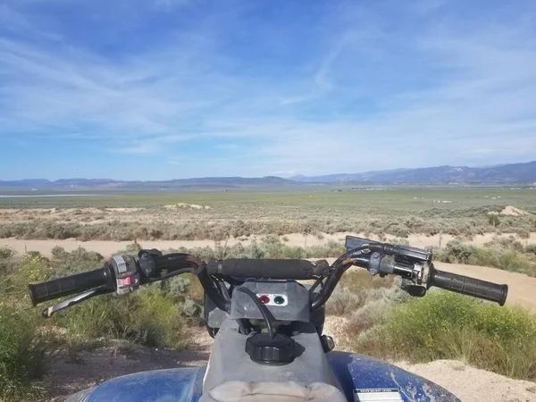 Steering Wheel Motorcycle Green Field Blue Sky Background — Stock Photo, Image