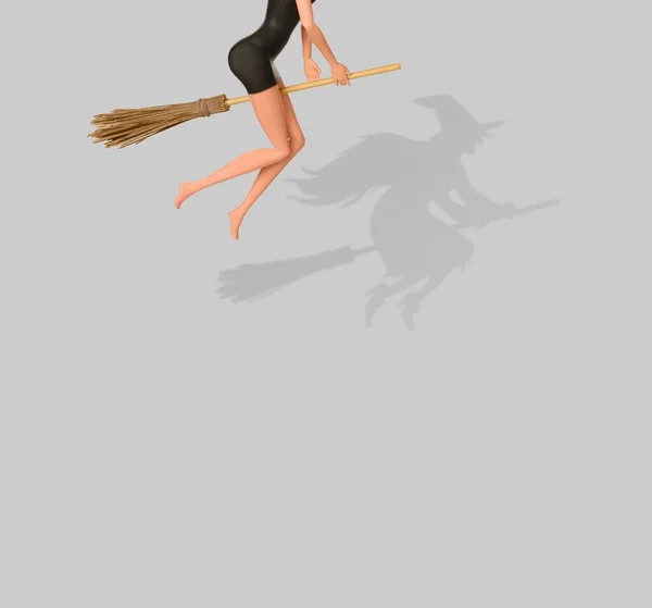 Rendering Halloween Witch Riding Broomstick Background Spooky Witch Shadow Concept — Stock Photo, Image