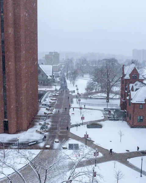 Luchtfoto Van Universiteit Van Massachusetts Tijdens Een Sneeuwstorm — Stockfoto