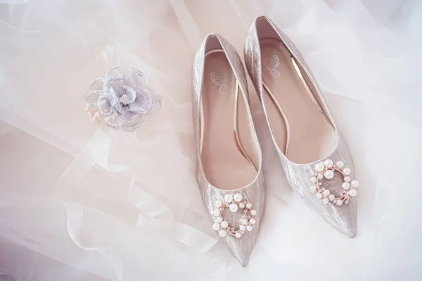Closeup View Wedding Shoes Veil — Stock Photo, Image