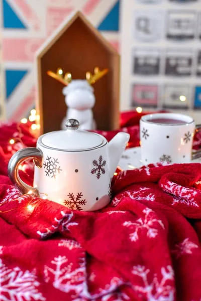 Vertical Shot Tea Set Red Blanket Christmas Lights Decorations Indoors — Stock Photo, Image