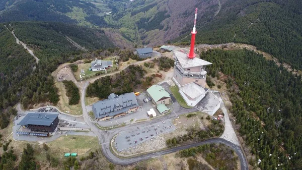 Una Vista Aerea Della Torre Trasmettitore Lysa Hora Montagne Beskids — Foto Stock