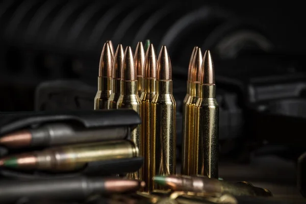 Various 223 Rifle Bullets Standing Laying Next Full Magazine Full — Stock Photo, Image