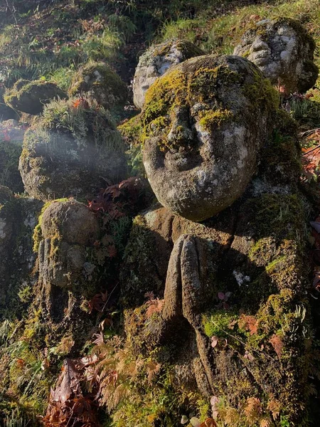 Ancient Moss Covered Stone Relics Looking Little Children — Stock Photo, Image