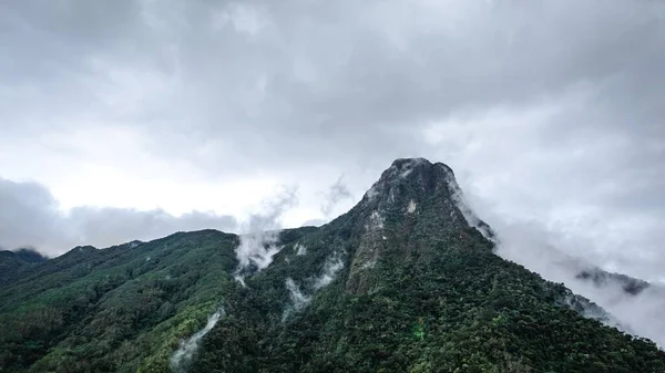 Een Antenne Uitzicht Een Mistige Lucht Boven Kliffen Cocora Valley — Stockfoto