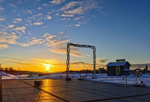 Hranice Mezi Finskem Švédskem Během Západu Slunce Zimě Torniu Finsku — Stock fotografie