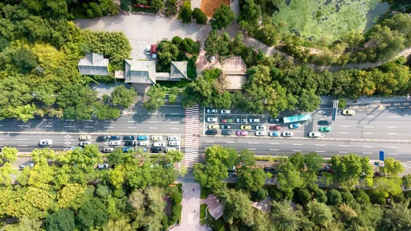 Luftaufnahme Einer Belebten Straße Umgeben Von Viel Grün Sonnenlicht — Stockfoto