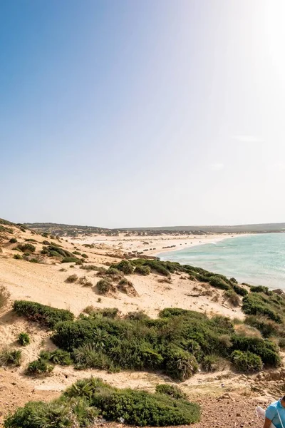 チュニジアのKef Abbedで夏の日に日当たりの良い岩場の海岸の垂直撮影 — ストック写真