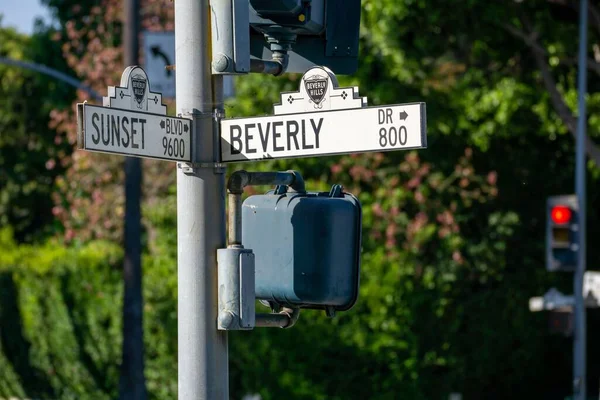 Street Sign Beverly Drive Sunset Boulevard Beverly Hills California — Stock Photo, Image