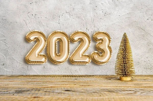 Nuovo Anno 2023 Oro Palloncino Stagnola Testo Piccolo Albero Natale — Foto Stock