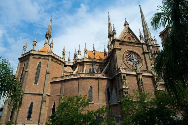アルゼンチンの複雑な彫刻の列と鐘楼とイエスの神聖な心のゴシック様式の教会の低角度ショット — ストック写真