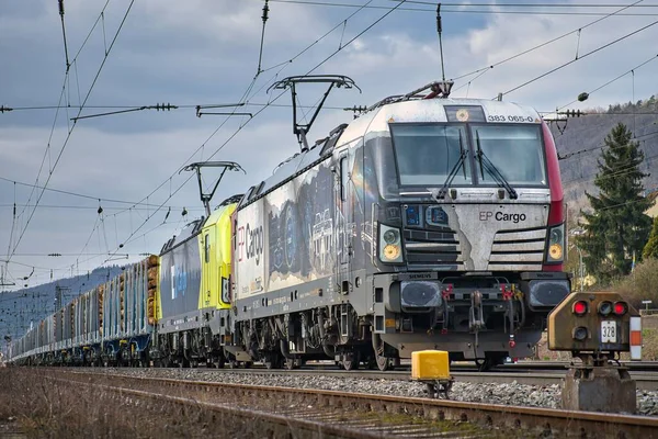 Freight Train Loaded Wood Pulled Gemuenden Class 383 Electric Locomotive — Stock Photo, Image