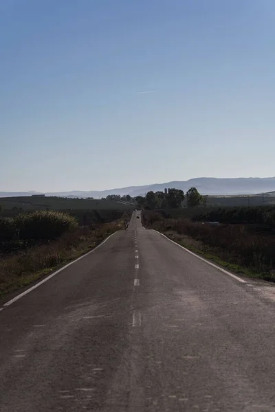 Pionowe Ujęcie Długiej Drogi Asfaltowej Przez Pola Wiejskie Kadyksie Andaluzja — Zdjęcie stockowe