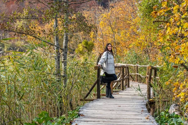 Mladá Žena Kráčející Dřevěném Mostě Obdivující Krásný Žlutý Podzimní Les — Stock fotografie