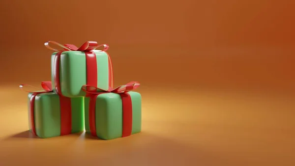 Rendu Trois Coffrets Cadeaux Verts Avec Des Nœuds Rouges Sur — Photo