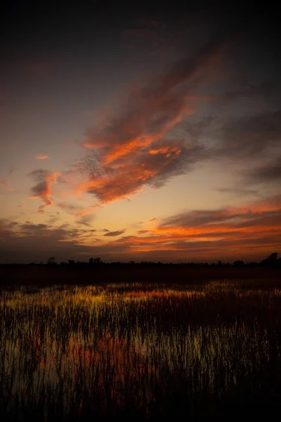 一个美丽的日落在闪溪流上的垂直的照片 背景是乌云的天空 — 图库照片